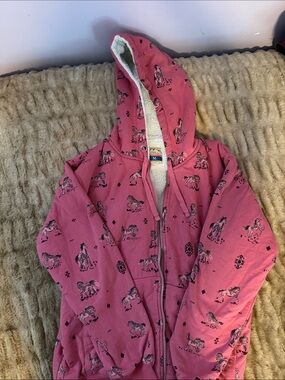 Girls' Pink Horse Print Sherpa-Lined Zip Hoodie
